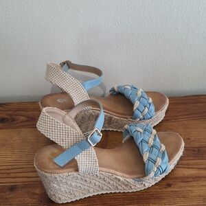 Blue and Cream Woven Wedge Sandals Size 9